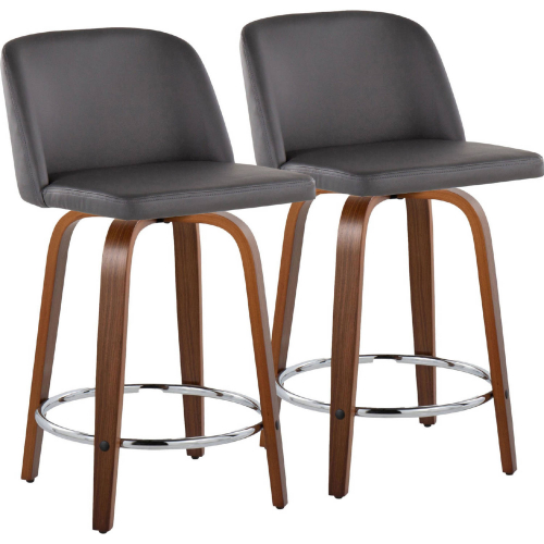 Toriano 24" Swivel Counter Stool in Walnut Wood & Grey Leatherette w/ Chrome Footrest (Set of 2)